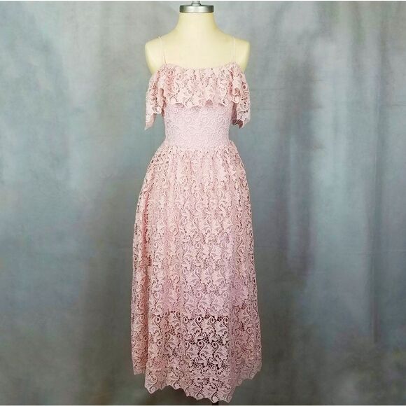Quiet Luxury Pink Rose Thin Strap Elegant Maxi Lace Dress Size 12 - Picture 3 of 9